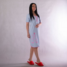 Женская трикотажная ночная рубашкас коротким рукавом кулир  "Кошка светло-голубой цвет" р.44-56