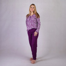 Женская теплая пижама начес кнопка "Цветы-Бордо" р.48-64