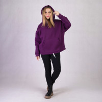 Женская теплая кофта-балахон с капюшоном "Оверсайз цвет баклажан" трехнитка 42-54 р.
