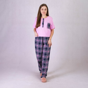 Женская летняя пижама батал футболка со штанами "Карман-Пинк клетка" 52-60р.