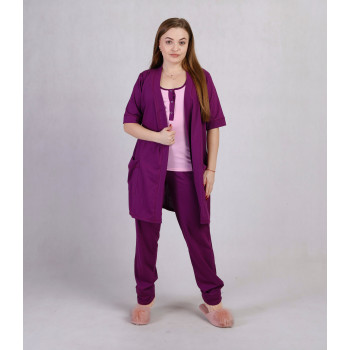 Комплект тройка кулир халат с пижамой "Мила- темно фиолетовый" р.42-54 (планка фиолет!) Комплект тройка кулир халат с пижамой "Мила- темно фиолетовый" р.42-54 (планка фиолет!)