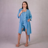 Женский комплект  3-ка Халат+шорты+майка кулир -пинье "Голубой" 46-54р.