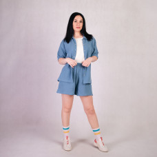 Жіночий костюм сорочкана кнопках+шорти "Муслін-Синій" р.46-54