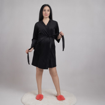 Женский велюровый халат на запах "Бархат-черный" 46-54р.