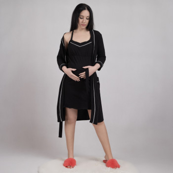 Теплый комплект ночная с халатом "Ева-черн" 44-60р. Теплый комплект ночная с халатом "Ева-черн" 44-60р.