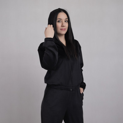 Молодежный женский велюровый костюм укороченная кофта "Черный" р. 42-48