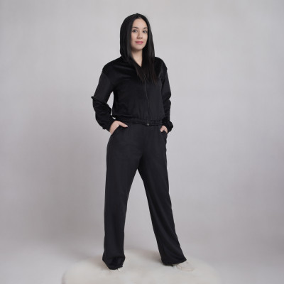 Молодежный женский велюровый костюм укороченная кофта "Черный" р. 42-48